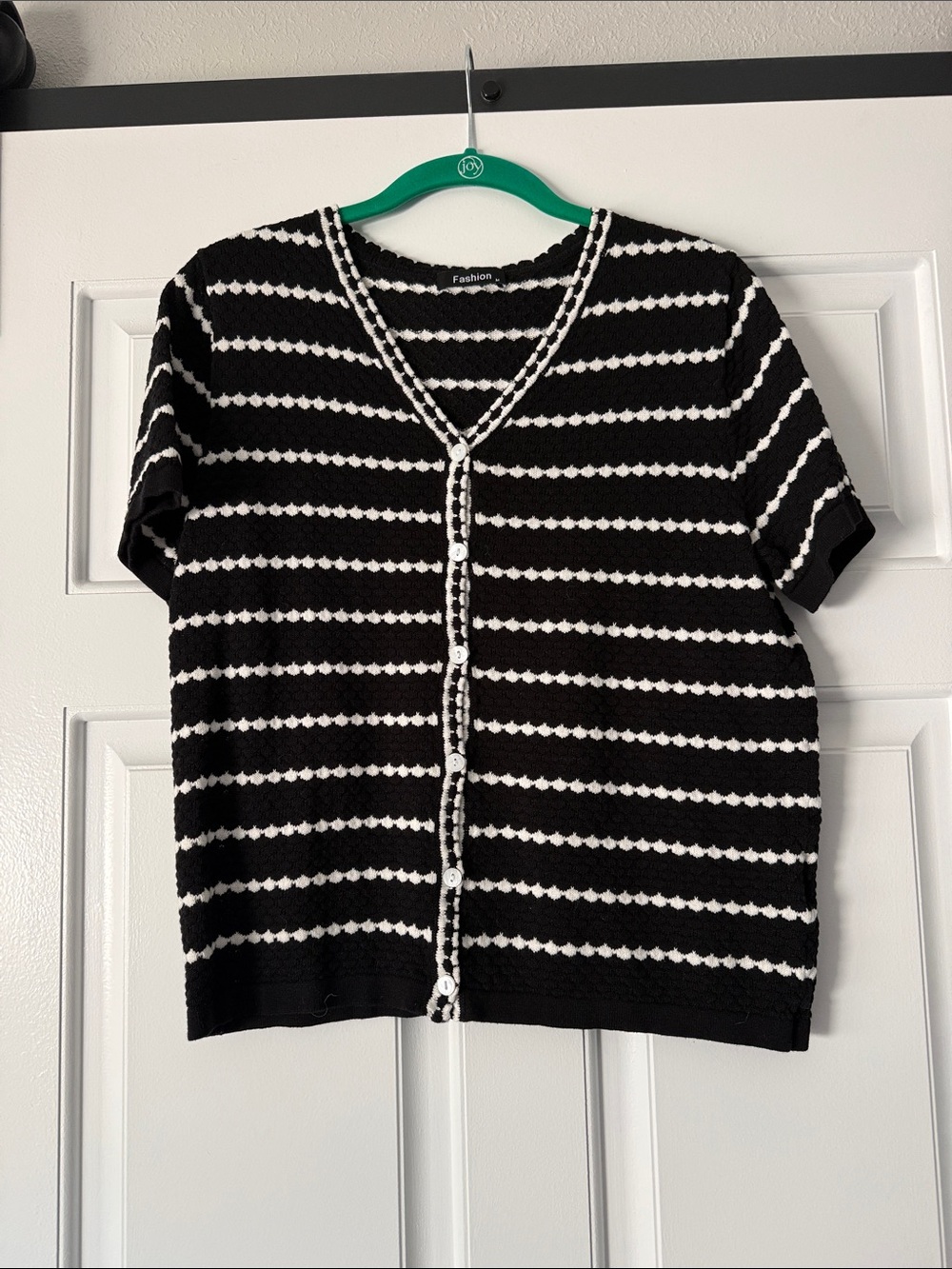Black & White Striped Short-Sleeve Knit Cardigan